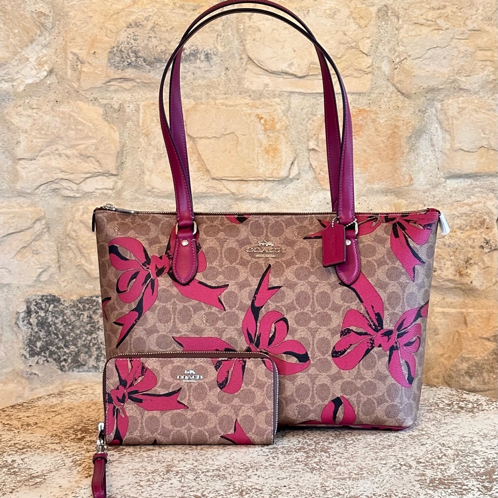 Coach Bow Gallery Signature Tote Handbag Wallet Set Brown Pink Nwt